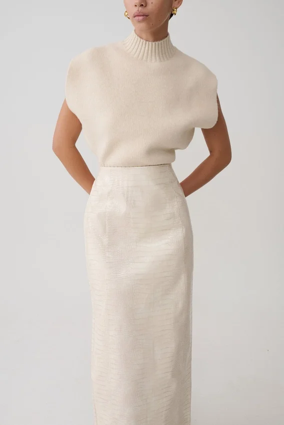 Thalia Croc Faux Leather Midi Skirt – Ivory Thalia Croc Faux Leather Midi Skirt – Ivory