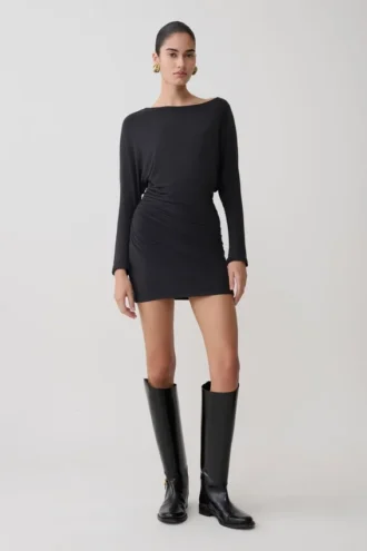 Thao Long Sleeve Gathered Mini Dress – Dark Charcoal