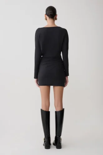 Thao Long Sleeve Gathered Mini Dress – Dark Charcoal