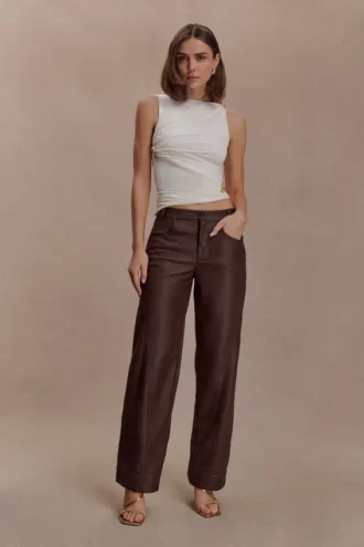 Theo Faux Leather Mid Rise Pants – Dark Chocolate