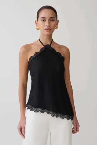 Theodosia Asymmetric Lace Halter Top – Black