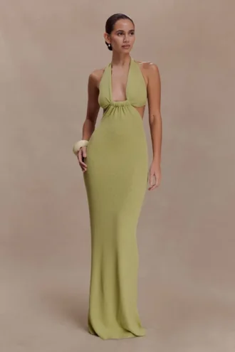 Theresea Halter Knit Maxi Dress – Light Olive