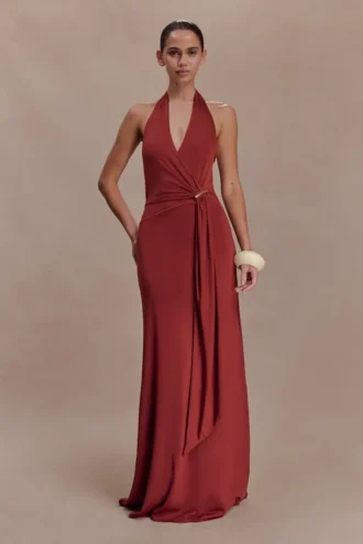 Veda Slinky Halter Maxi Dress – Russet