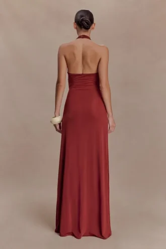 Veda Slinky Halter Maxi Dress – Russet