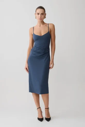Vina Gathered Jersey Midi Dress – Ink Blue