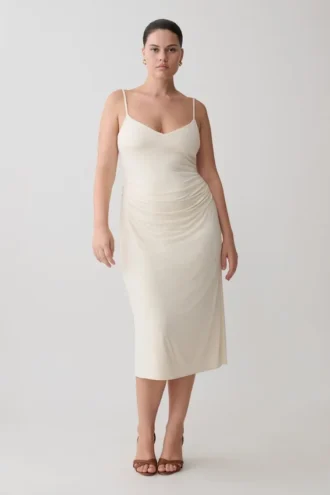 Vina Gathered Jersey Midi Dress – Ivory