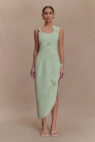 Virginia Suiting Embroidered Midi Dress – Sage