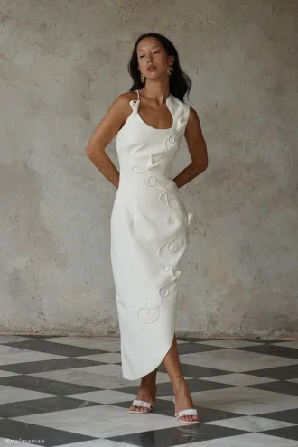 Virginia Suiting Embroidered Midi Dress – White
