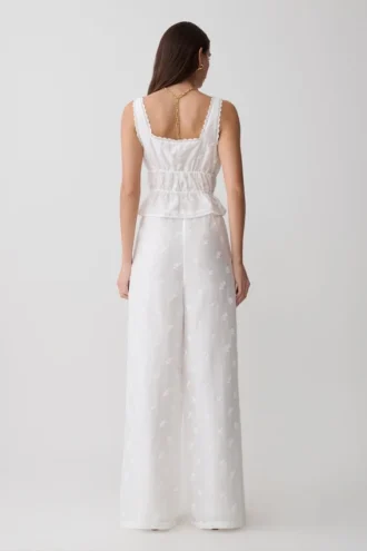 Vivian Tie Waist Embroidered Pant – White