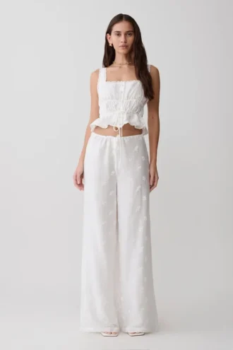 Vivian Tie Waist Embroidered Pant – White