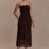 Willa Gathered Mesh Midi Dress – Chocolate