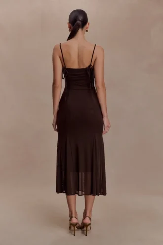 Willa Gathered Mesh Midi Dress – Chocolate