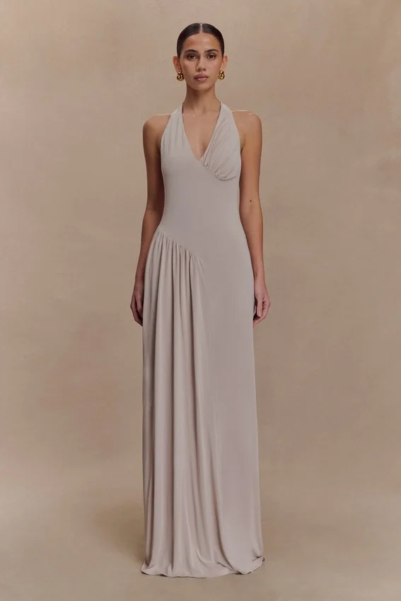 Yelena Ruched Halter Maxi Dress – Taupe Yelena Ruched Halter Maxi Dress – Taupe