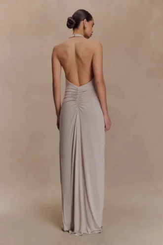 Yelena Ruched Halter Maxi Dress – Taupe