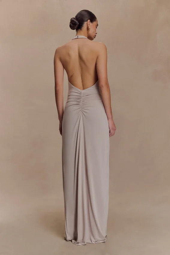 Yelena Ruched Halter Maxi Dress – Taupe Yelena Ruched Halter Maxi Dress – Taupe