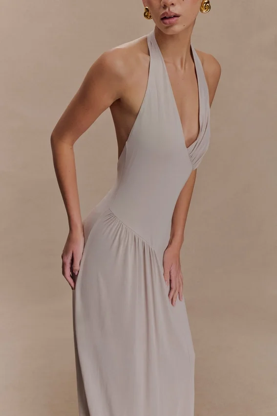 Yelena Ruched Halter Maxi Dress – Taupe Yelena Ruched Halter Maxi Dress – Taupe