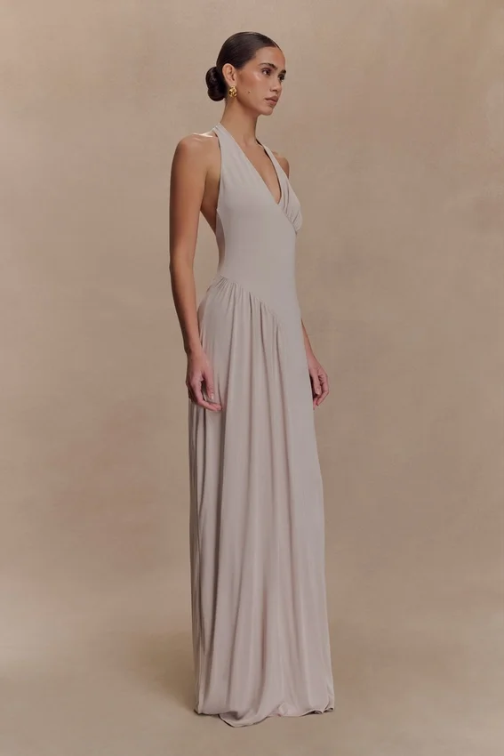 Yelena Ruched Halter Maxi Dress – Taupe Yelena Ruched Halter Maxi Dress – Taupe