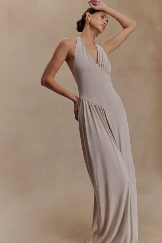 Yelena Ruched Halter Maxi Dress – Taupe Yelena Ruched Halter Maxi Dress – Taupe
