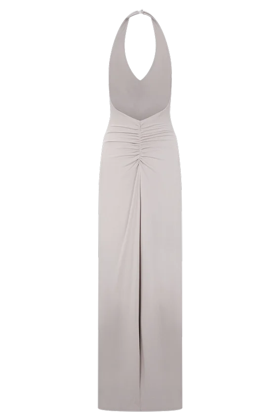 Yelena Ruched Halter Maxi Dress – Taupe Yelena Ruched Halter Maxi Dress – Taupe