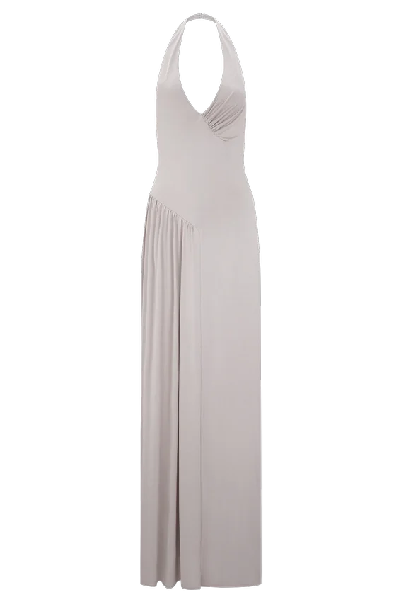 Yelena Ruched Halter Maxi Dress – Taupe Yelena Ruched Halter Maxi Dress – Taupe