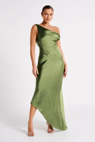 Yvette Slip Maxi Dress With Asymmetrical Hem – Emerald