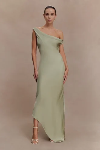 Yvette Slip Maxi Dress With Asymmetrical Hem – Sage