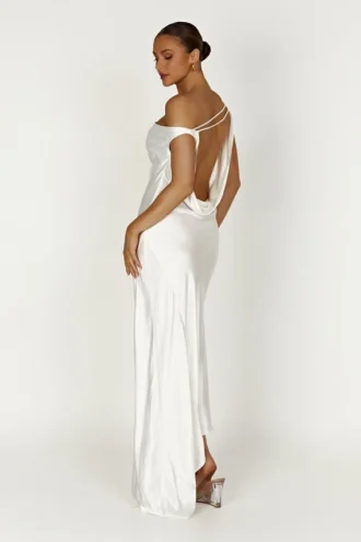 Yvette Slip Maxi Dress With Asymmetrical Hem – White