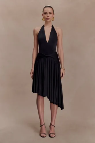Zelda Asymmetric Slinky Midi Dress – Black