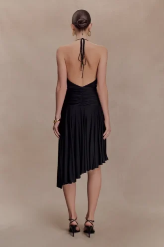 Zelda Asymmetric Slinky Midi Dress – Black