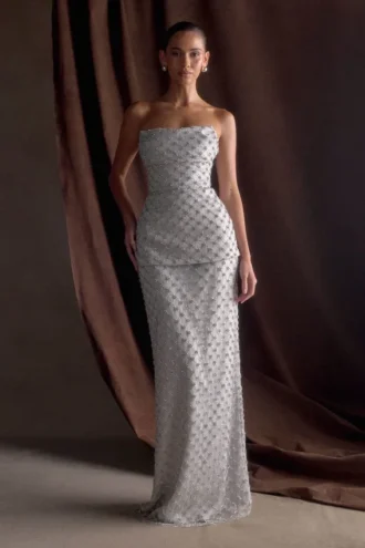 Zuri Hand Beaded Embellished Maxi Skirt – Silver